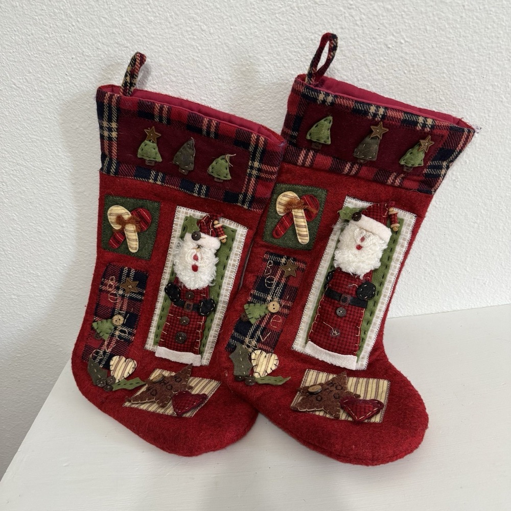 Plush 3D Folk Art Primitive Patchwork‎ Christmas Stocking Set Of 2